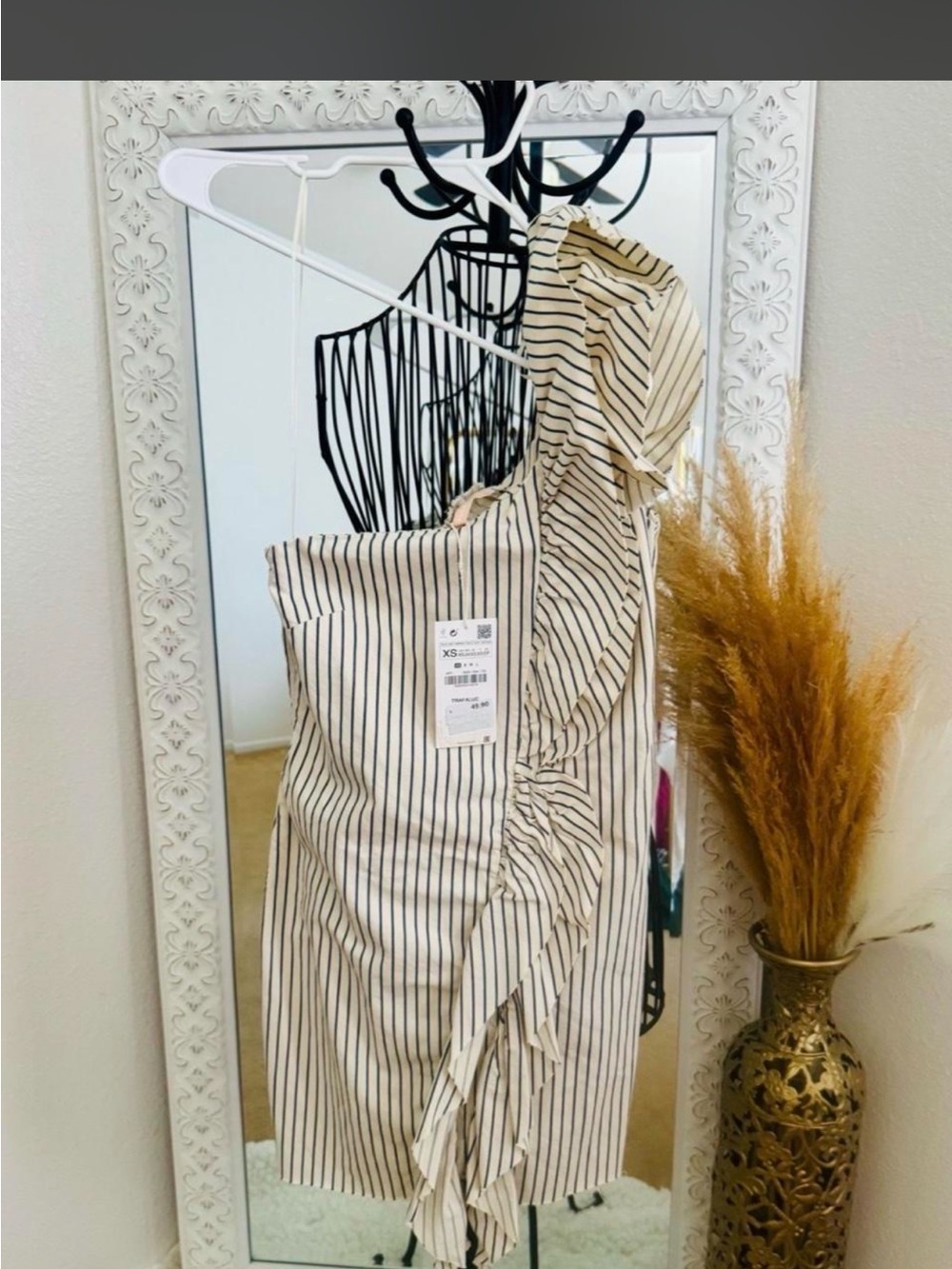 ZARA Striped Ruffle One-Shoulder Women’s Dress - Cream & Black